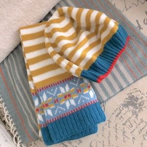Boden Striped Scarf & Hat Set in Mustard Yellow and Teal